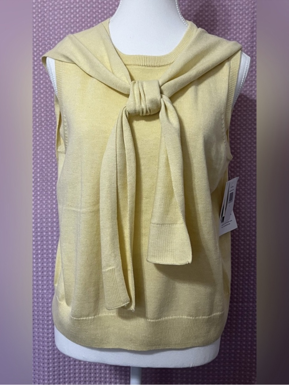 CeCe Light Yellow Sleeveless Knit Shell with Attached Shoulder Tie